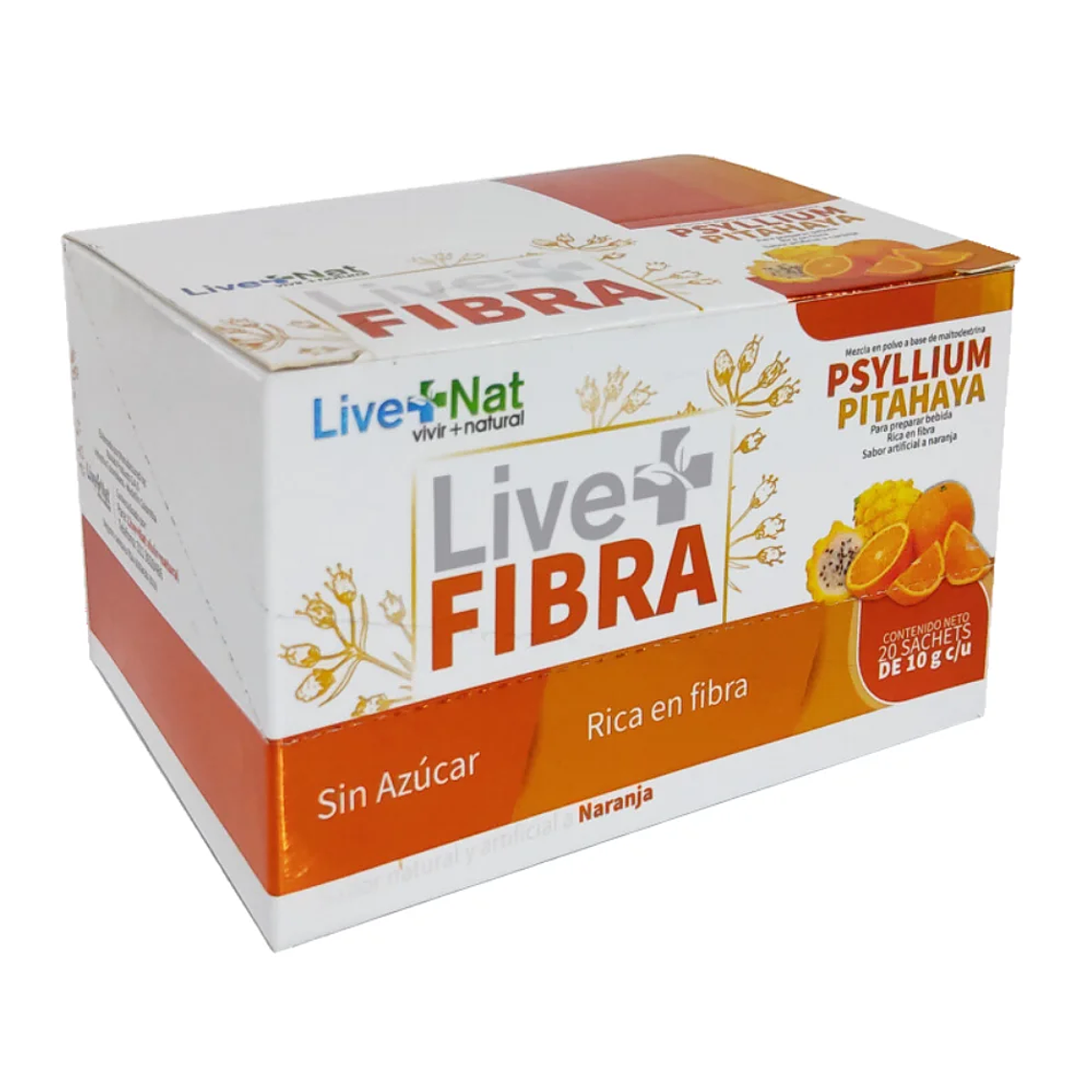 Live + Fibra Psyllium y Pitahaya Sabor Naranja 20 Sachets Live + Nat 1