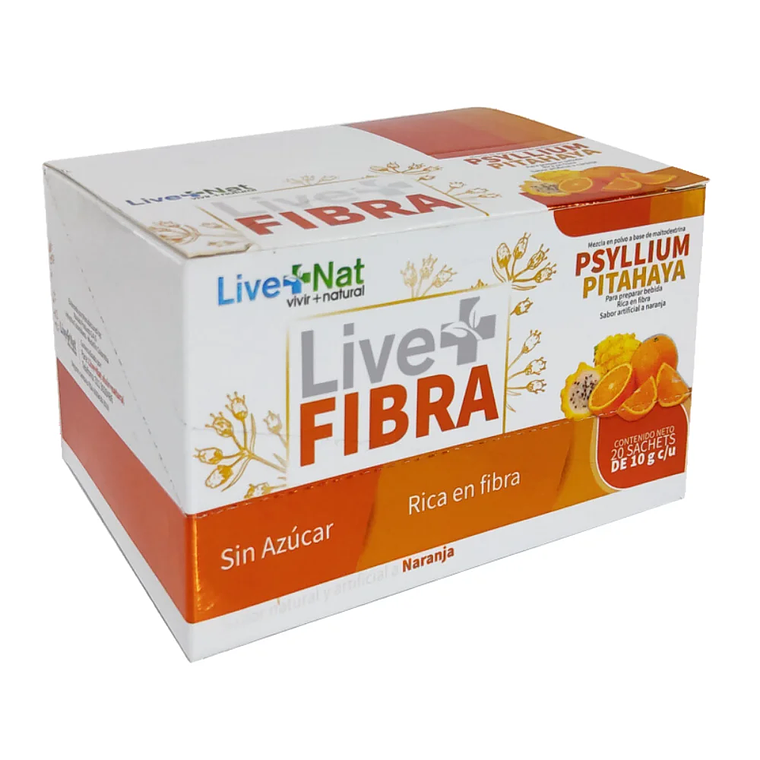 Live + Fibra Psyllium y Pitahaya Sabor Naranja 20 Sachets Live + Nat 1