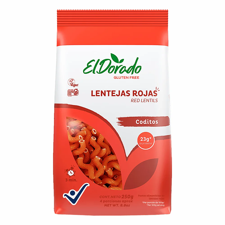 Pasta de Lentejas Rojas Coditos 250 g El Dorado 1