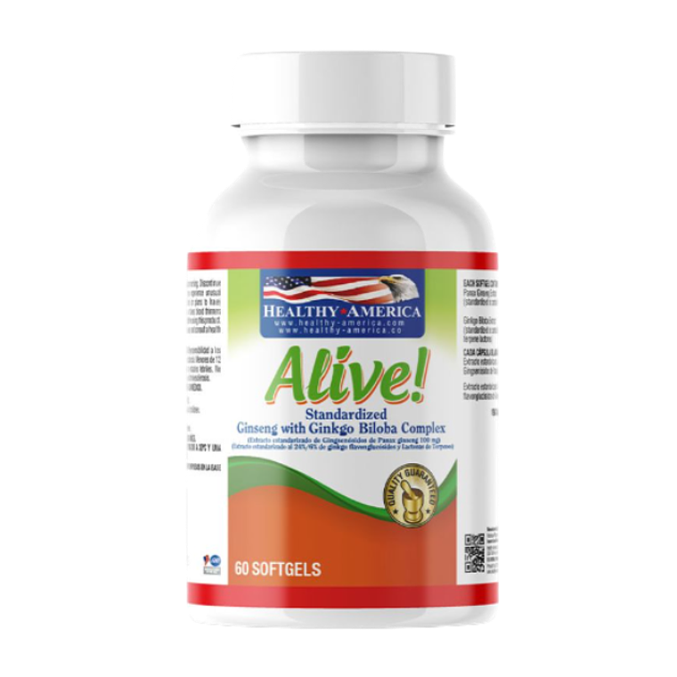 Alive Standardized Ginseng con Ginkgo Biloba 60 Softgels Healthy America 1