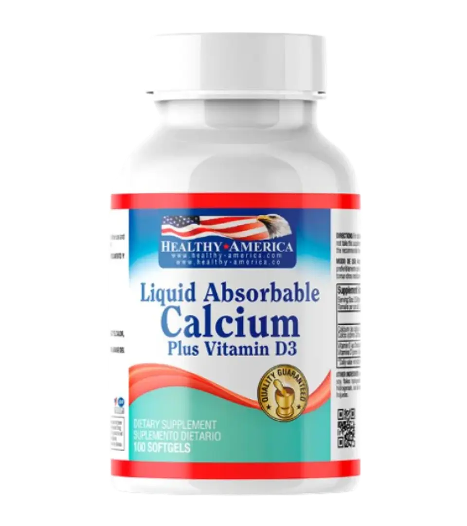 Calcio Liquid Absorbable & Vitamina D3 100 softgels Healthy America 1