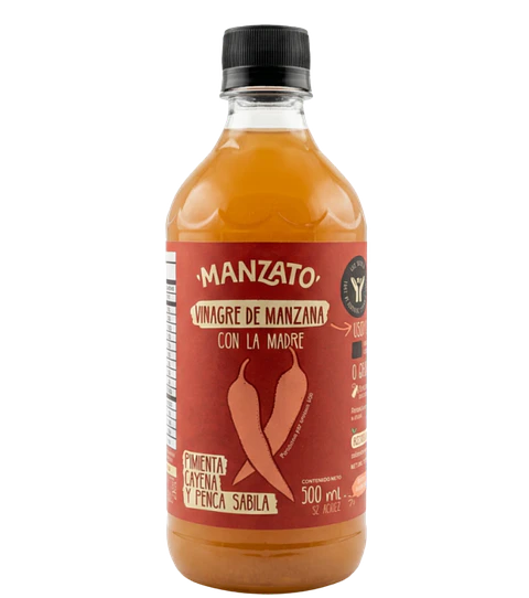 Vinagre de Manzana con Pimienta Cayena y Penca de Sábila 500 ml  Manzato Vital