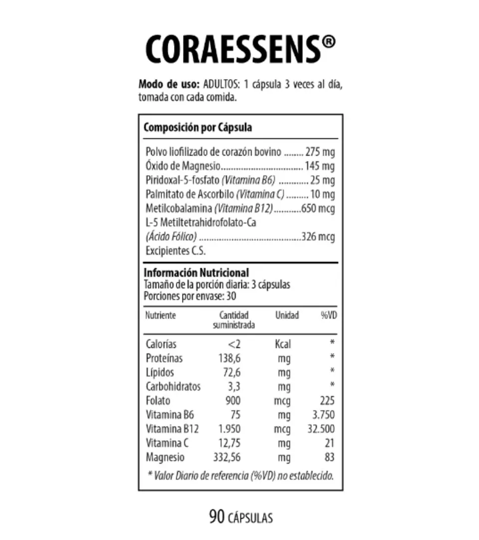 CORAESSENS Corazón Bovino Magnesio y Vitaminas Nutrabiotics 90 Cápsulas 2