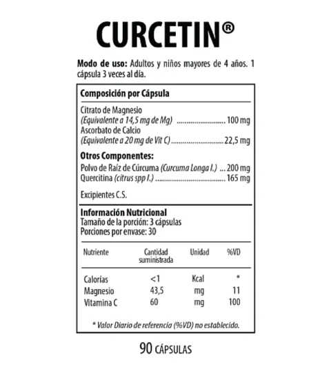 Curcetin Cúrcum Magnesio Quercetinay  Vitamina C Nutrabiotics 90 Cápsulas 
