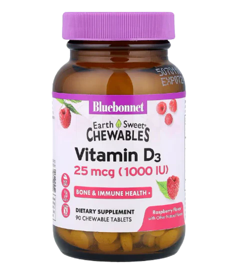 Vitamina D3 Bluebonnet 1.000 UI – 90 Tabletas Masticables de Frambuesa