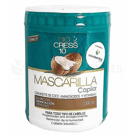 Mascarilla capilar con aceite de Coco aminoácidos y vitamina E Biocress 10