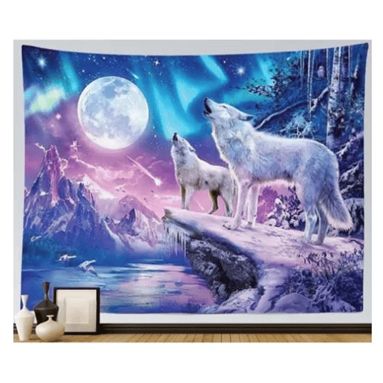 Tapiz Lienzo Colgante Lobos Aurora Boreal 85x75cms