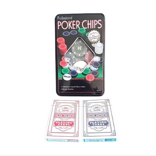 Set Poker 100 Fichas Caja Metal + Juego Naipe Inglés Poker