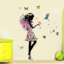 Vinilo decorativo adhesivo para pared - Diseño niña vestida de flores