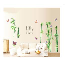Vinilo decorativo adhesivo para pared - Diseño Varas de bambú verde y mariposas
