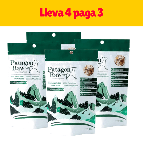 Snack perro Pack 4x3 corazon de cordero magallánico Patagon Raw