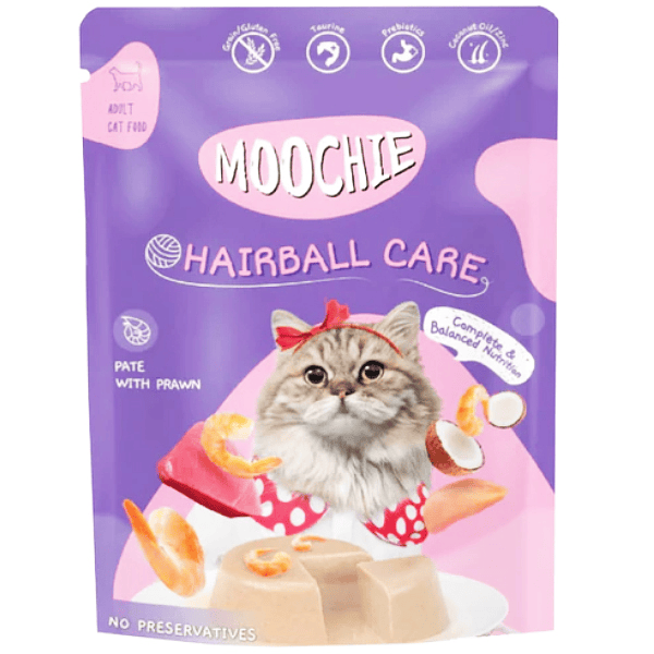 Moochie sachet gato adulto hairball care camarón 85 grs