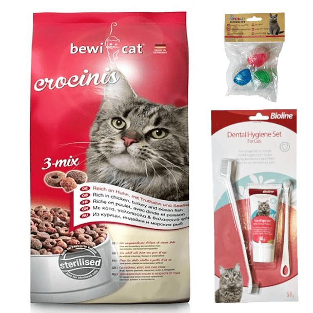 Bewicat gato adulto Crocinis 5Kg + Set Dental Bioline + Juguete 