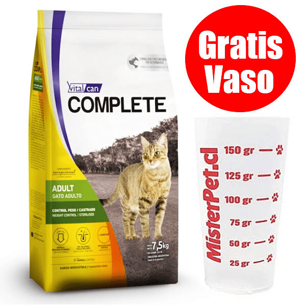 Gratis Vaso + Vitalcan Complete Gato Castrado 7,5 Kg