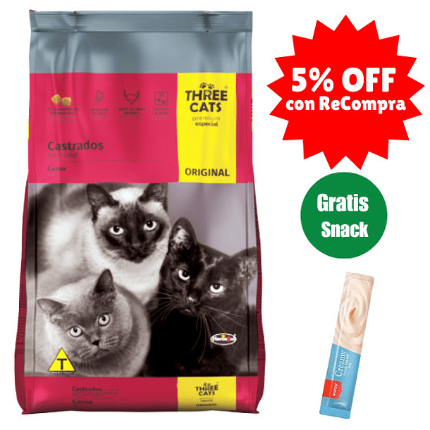 Gratis Snack + Three Cats Gatos Castrados 10,1 Kg