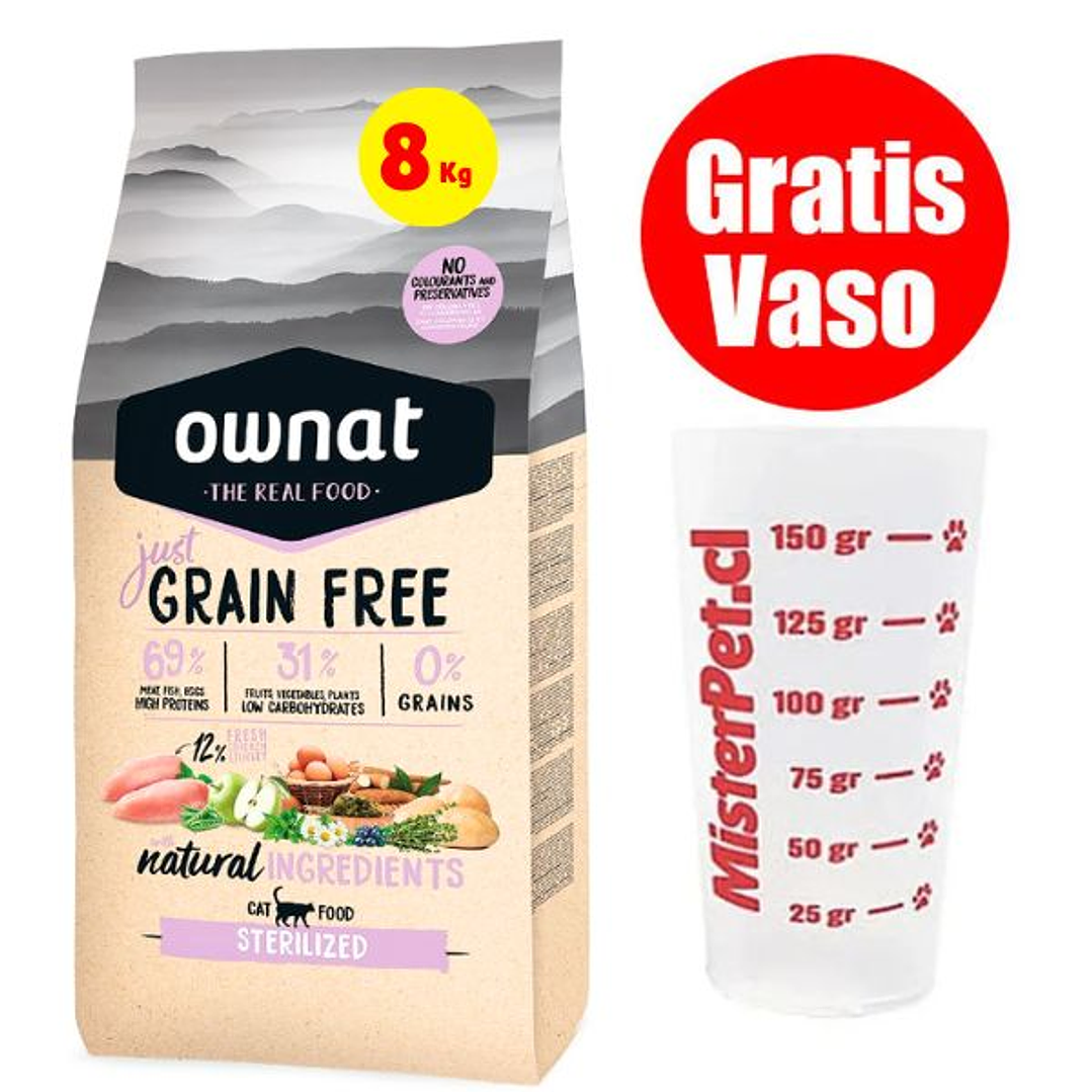 Gratis Vaso + Ownat Gato Esterilizado Grain Free 8 Kg 1