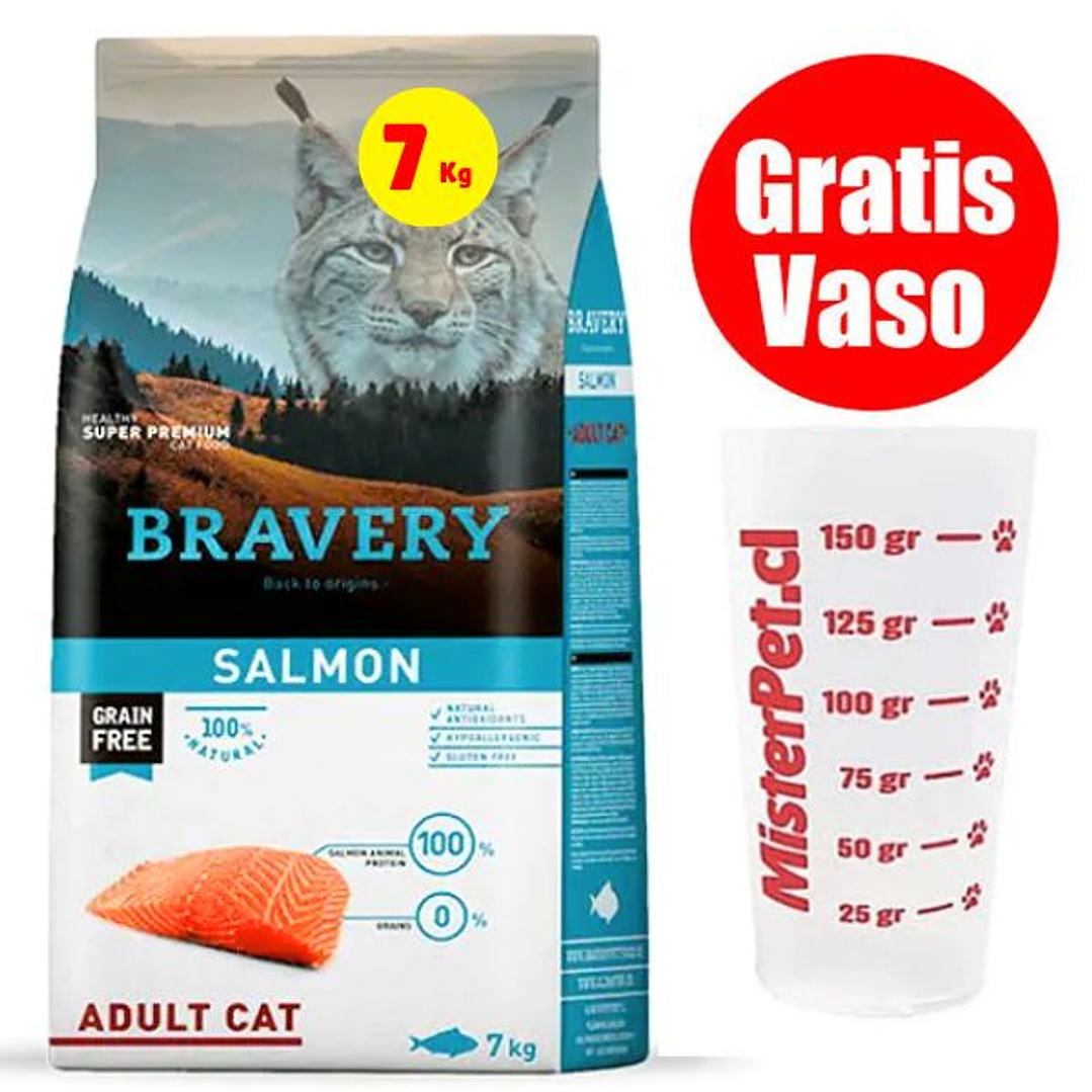 Gratis Vaso + Bravery Gato Adulto salmón 7 Kg 1