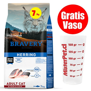 Gratis Vaso + Bravery Gato Adulto Esterilizado Herring 7 Kg