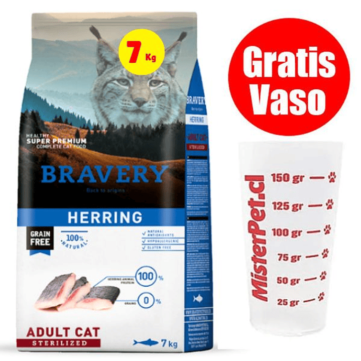 Gratis Vaso + Bravery Gato Adulto Esterilizado Herring 7 Kg 1