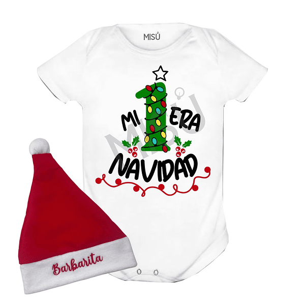 Body MI 1ERA NAVIDAD  + gorrito navidad con nombre bordado