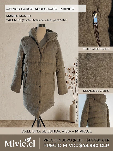 Abrigo Largo Acolchado Mango con Capucha - Gris Topo (Calce Oversize)