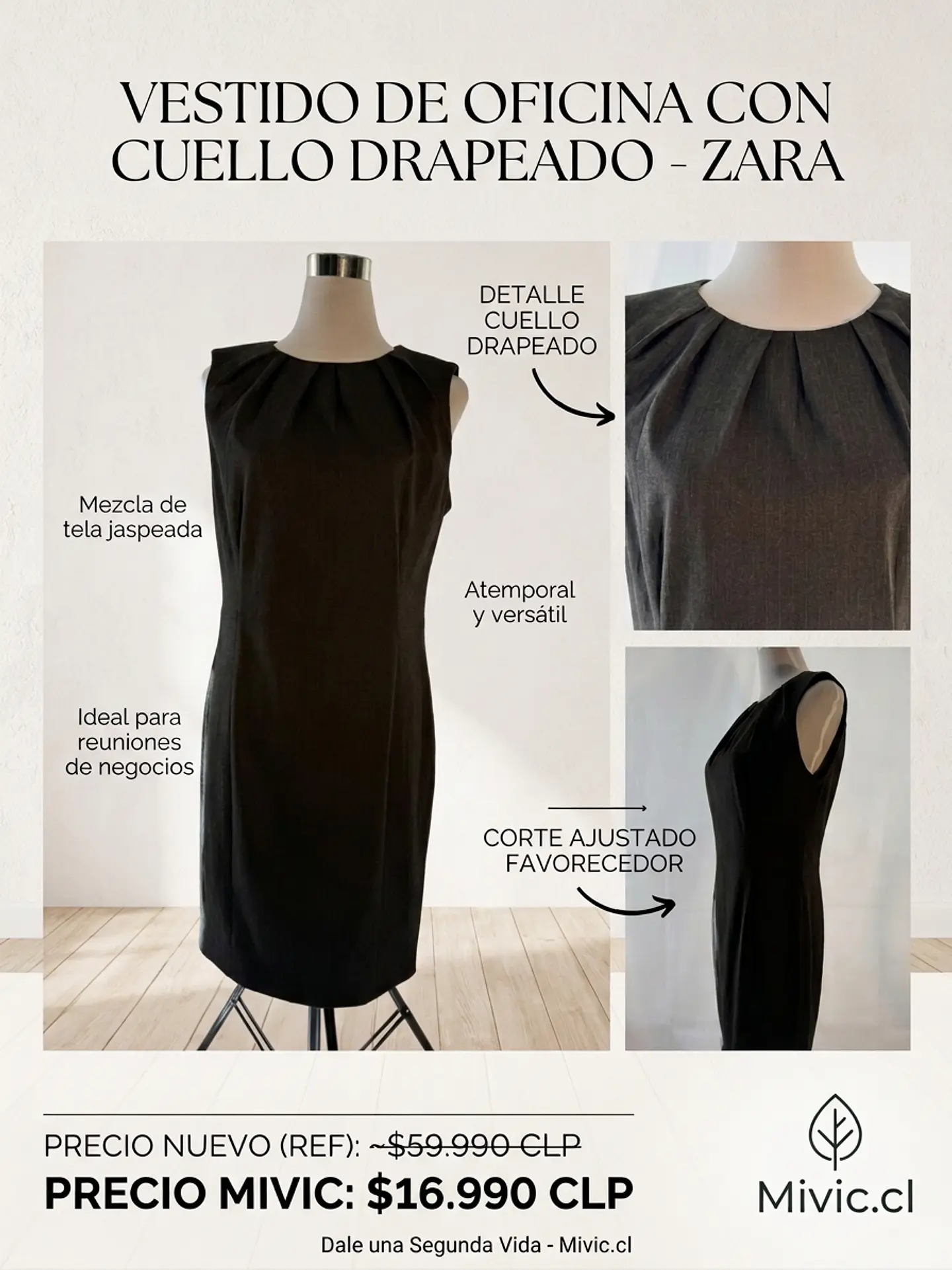 Vestido de Oficina Zara Gris Carbón con Cuello Drapeado 1