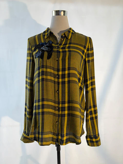 H&M Camisa de Franela Escocesa Amarilla con Insectos de Lentejuelas