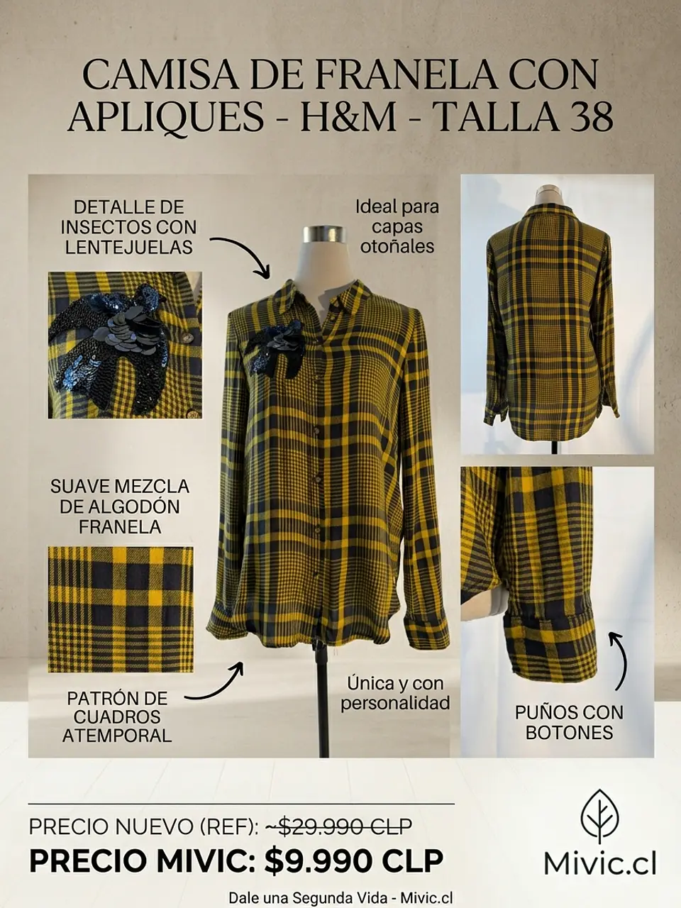H&M Camisa de Franela Escocesa Amarilla con Insectos de Lentejuelas 1