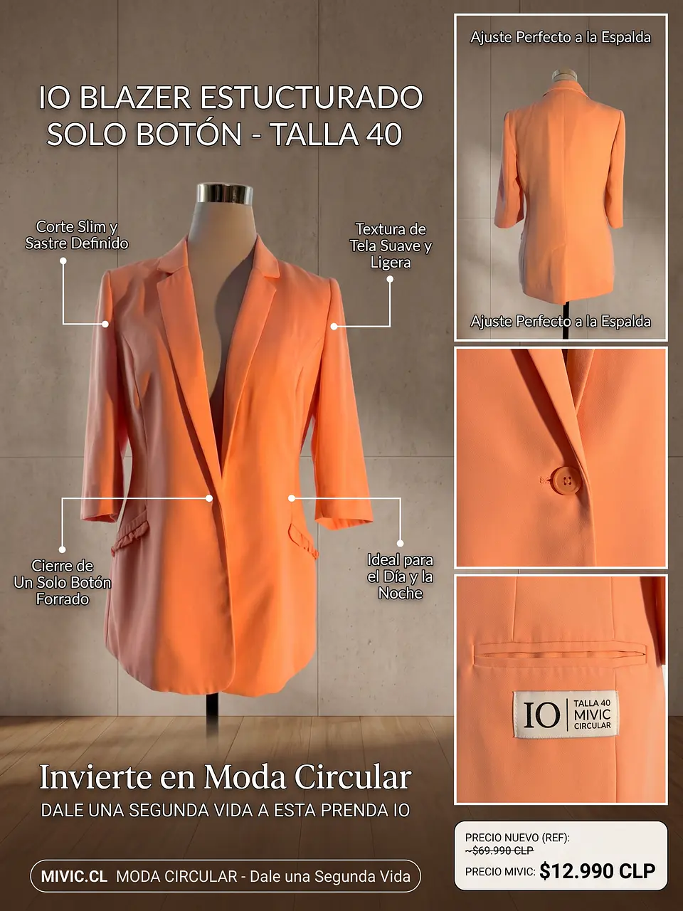 IO Blazer Estructurado Solo Botón - Coral/Melón 1