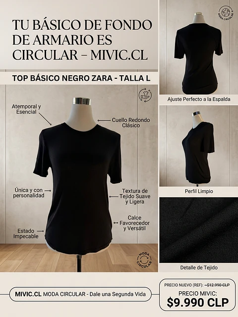 Top Básico Zara Cuello Redondo - Negro