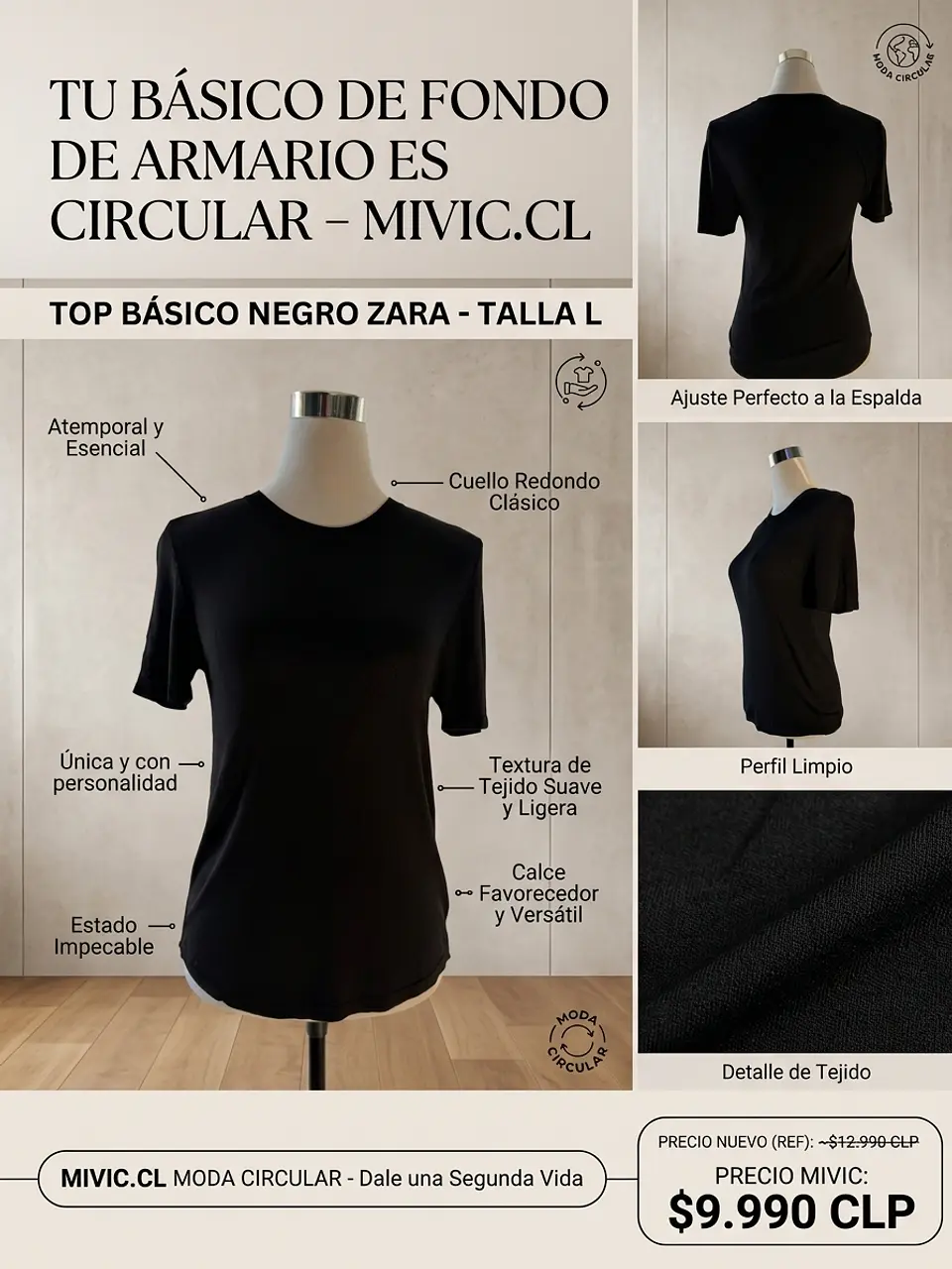 Top Básico Zara Cuello Redondo - Negro 1