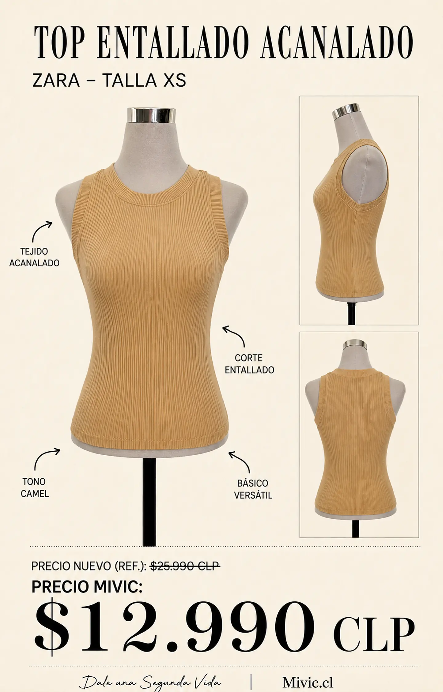 Top Zara Acanalado Cuello Alto Tono Café Claro 1