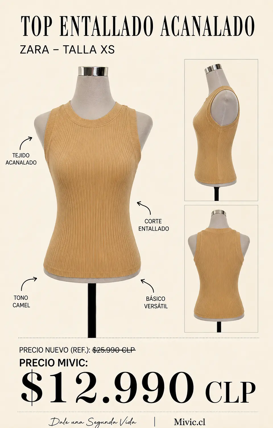 Top Zara Acanalado Cuello Alto Tono Café Claro 1