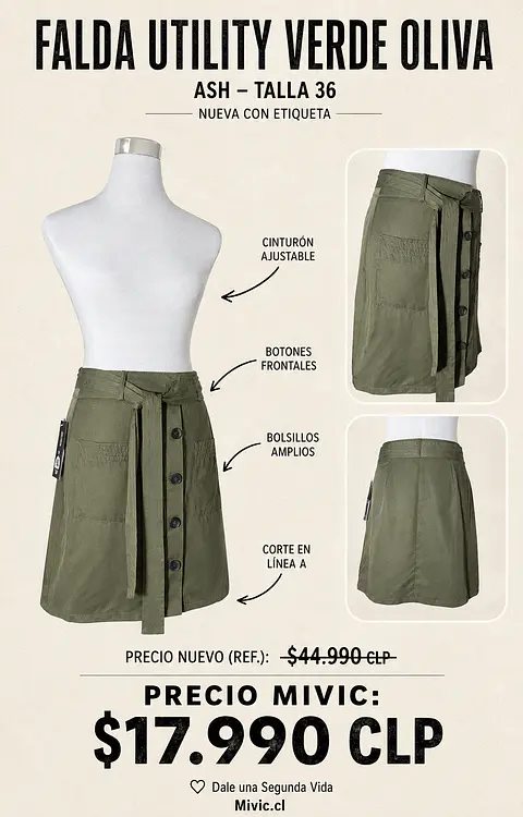 Falda Utility Verde Oliva con Cinturón ASH Nueva con Etiqueta