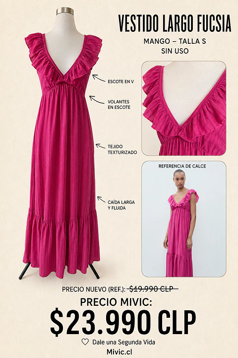 Vestido Largo Fucsia con Volantes Mango Sin Uso