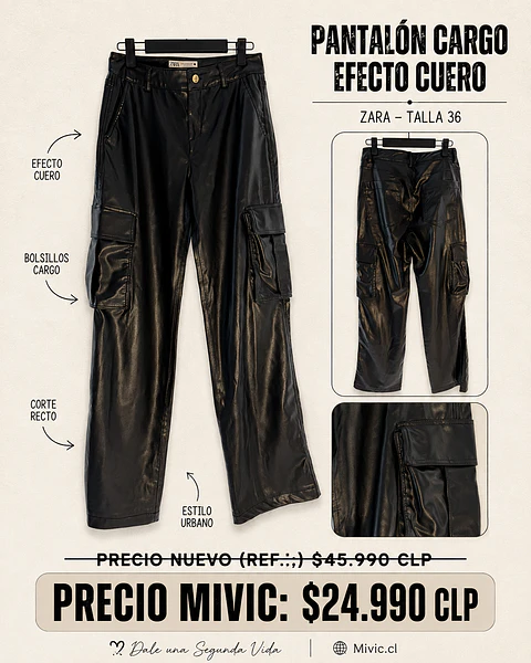Pantalón Cargo Efecto Cuero Negro Zara