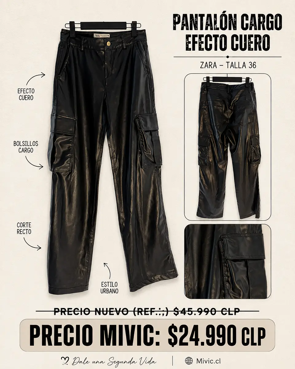 Pantalón Cargo Efecto Cuero Negro Zara 1