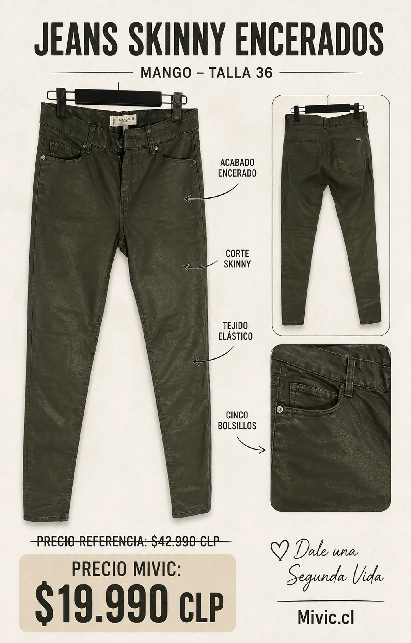Jeans Skinny Encerados Verde Oliva Mango 1