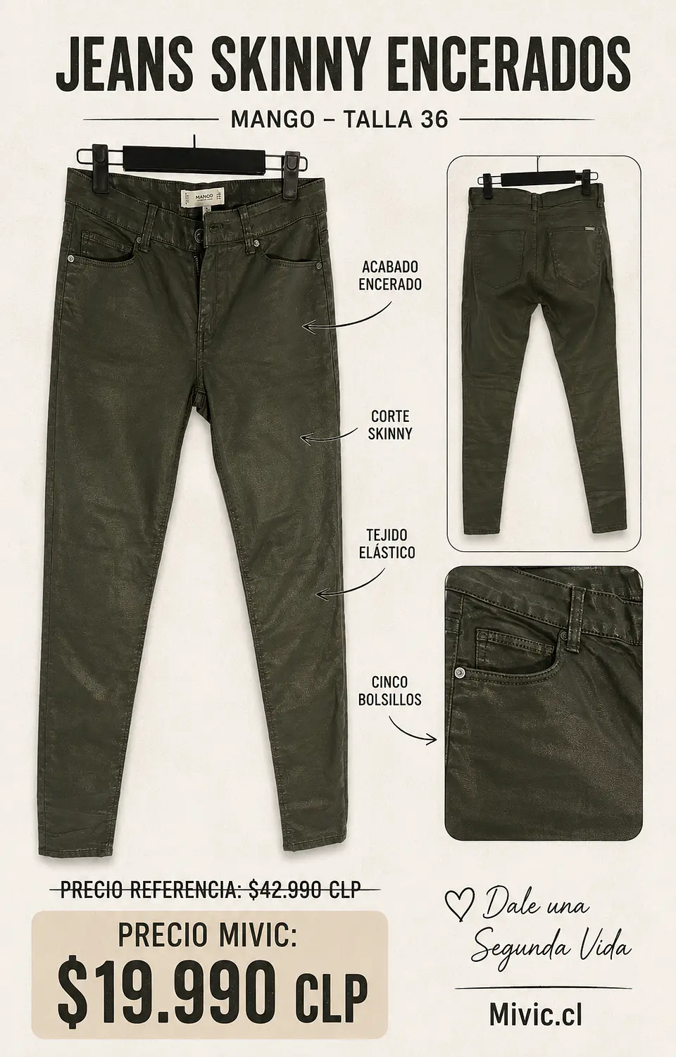 Jeans Skinny Encerados Verde Oliva Mango 1