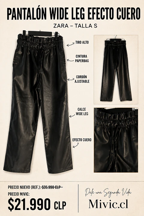 Pantalón Wide Leg Efecto Cuero Negro Zara