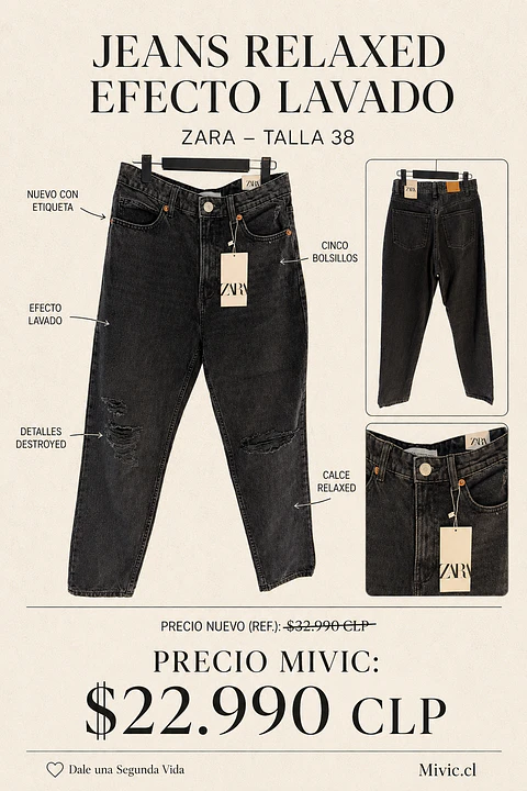 Jeans Relaxed Efecto Lavado con Rotos Zara