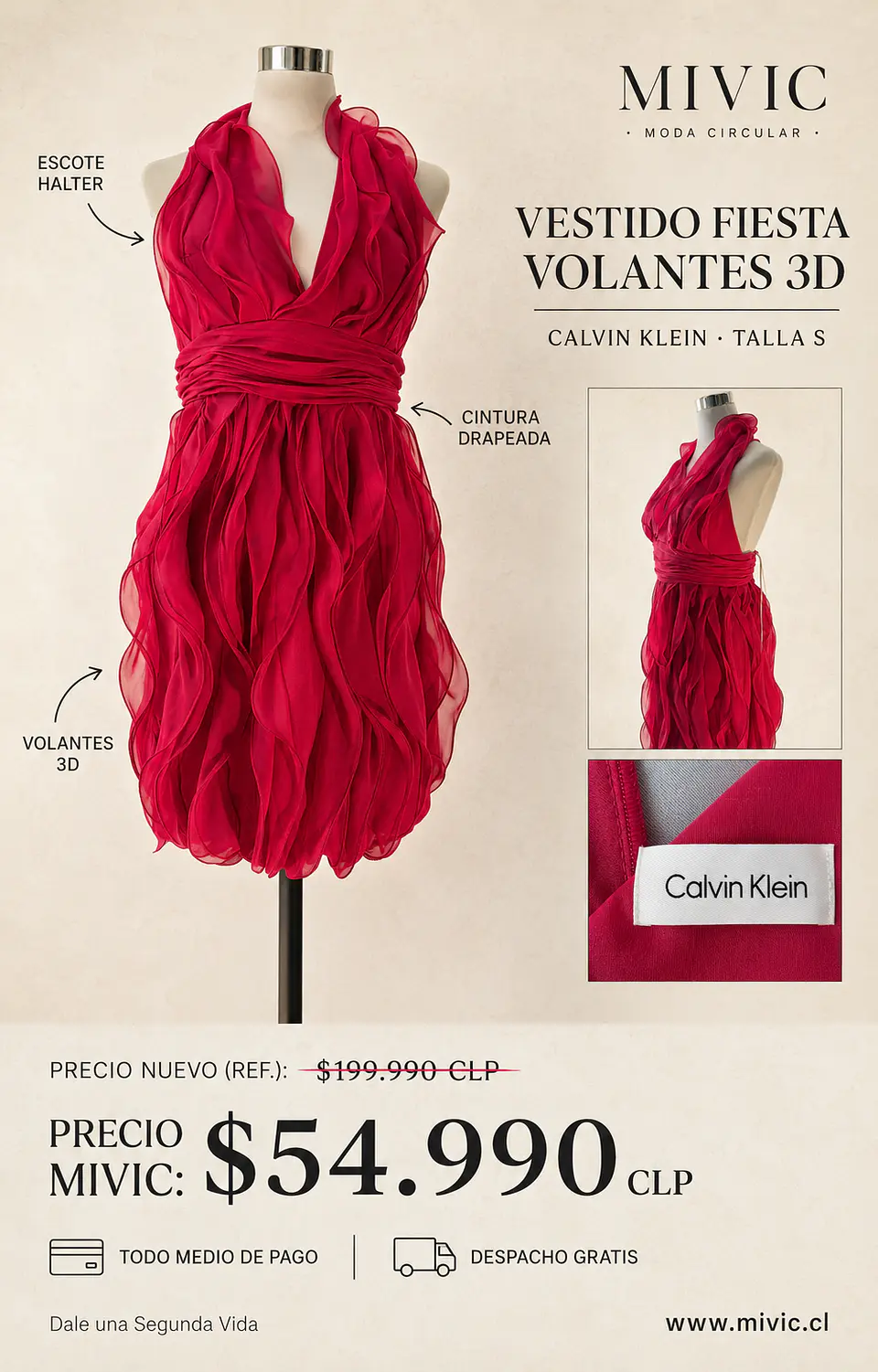 Vestido de Fiesta Fucsia con Volantes 3D Calvin Klein 1