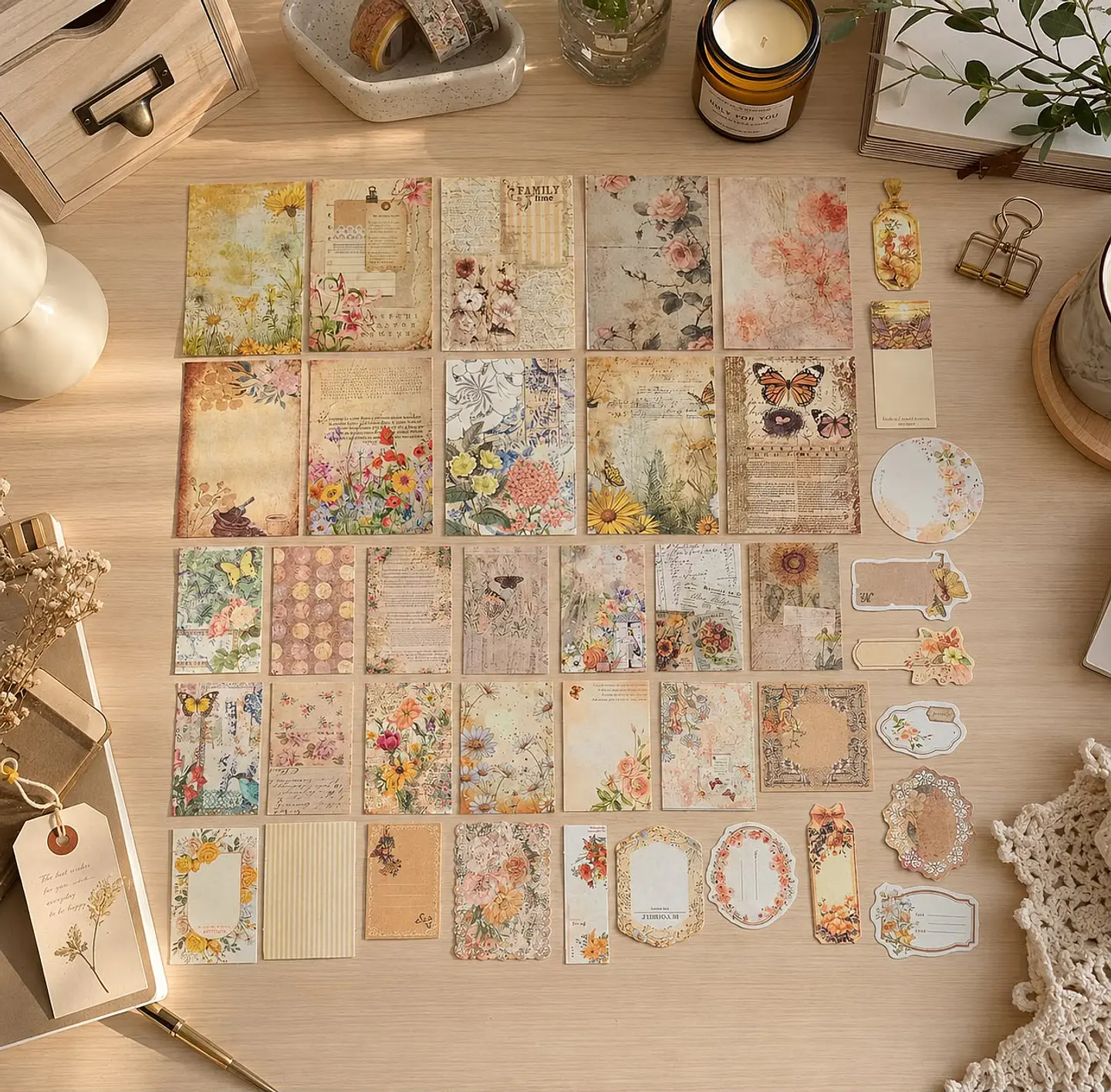 Mini Pack de Papelería Vintage Floral – 40 Piezas Pequeñas 1