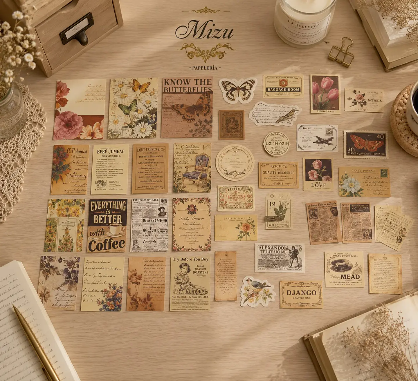 Mini Pack de Papelería Vintage - 40 Piezas Pequeñas  1