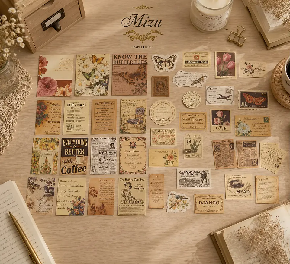 Mini Pack de Papelería Vintage - 40 Piezas Pequeñas  1