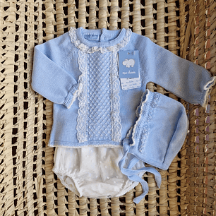 Conjunto de tapa fraldas, camisola com rendinha e touca Mac Ilusion