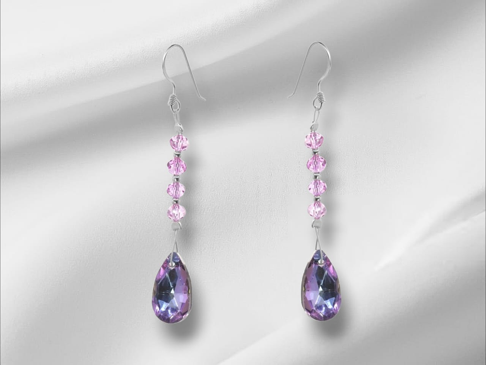 Aros Diseño Serie de Cristales Rosa con colgante gota tornasol. 1