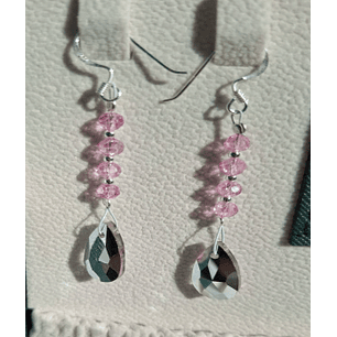 Aros Diseño Serie de Cristales Rosa con colgante gota tornasol.