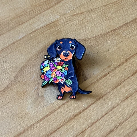 Pin Metálico Perro Salchicha Flores