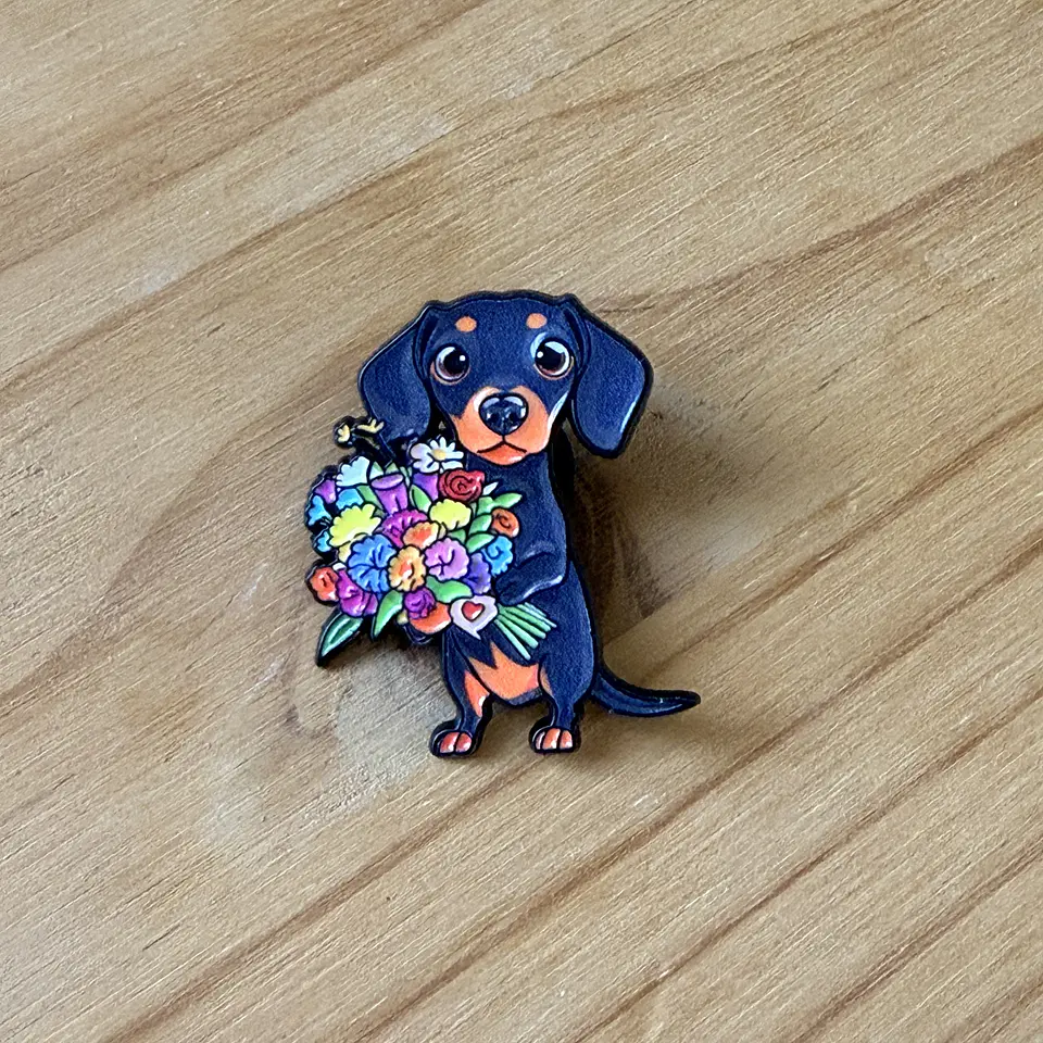 Pin Metálico Perro Salchicha Flores 1